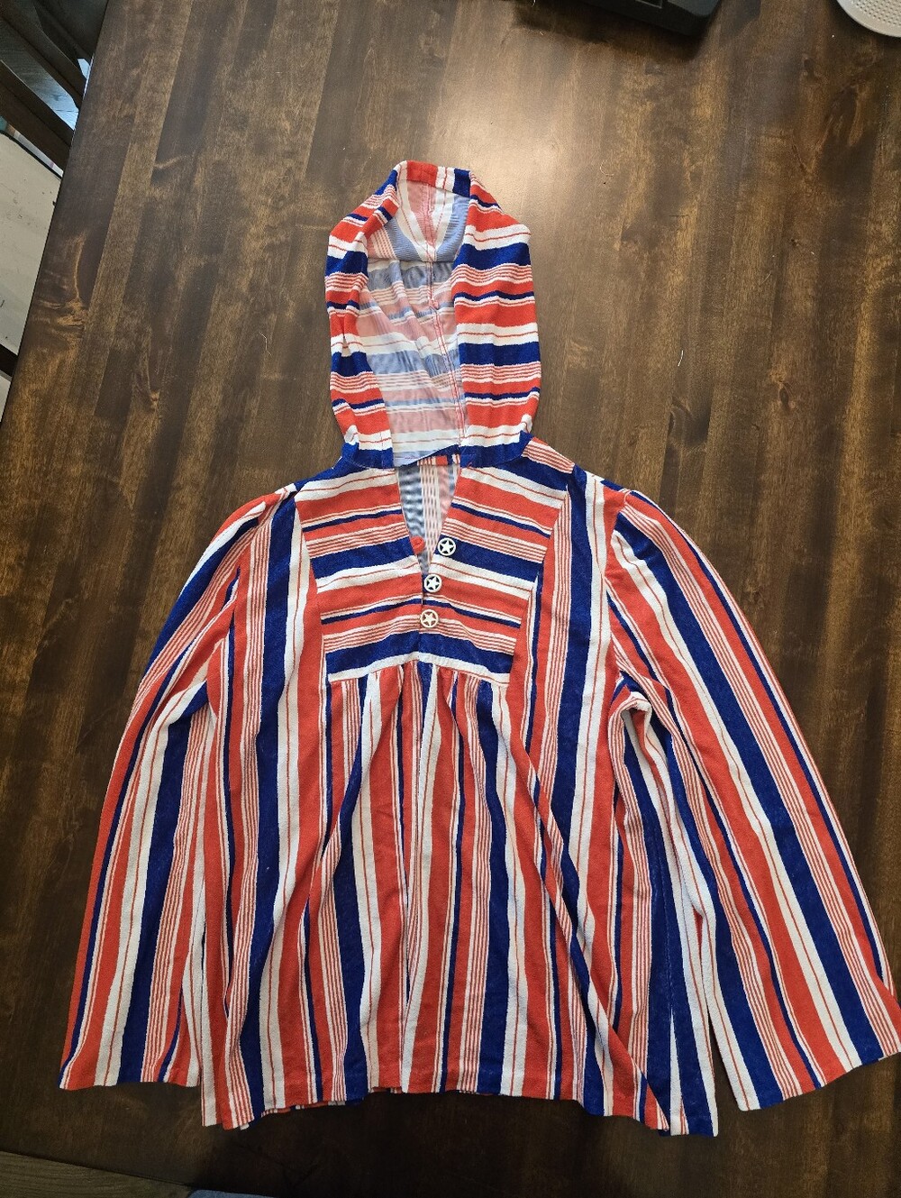 VTG 70s Striped Terry Cloth Hooded Beach Cover Up Red White Blue Star Button